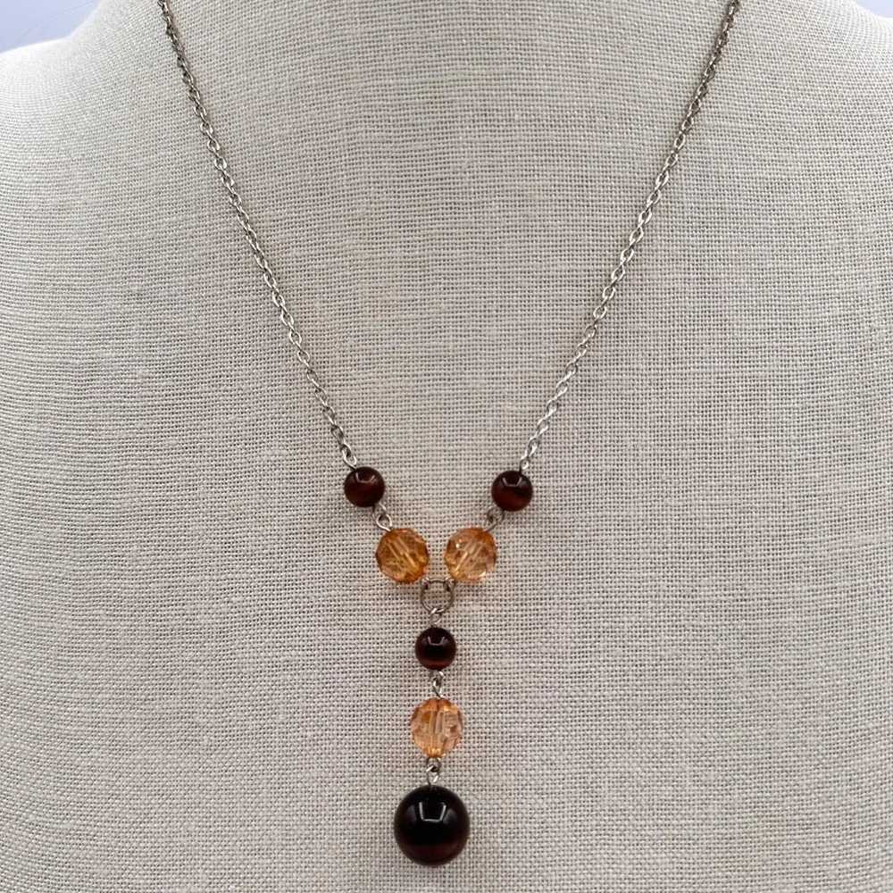 Vintage Y2K Silver Tone‎ Beaded Y-Drop Necklace Boho Statement Women's Jewelry